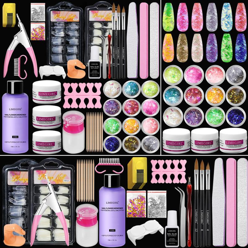 Limegirl Acrylic Nail Kit for Beginners with 75Ml ACRYLIC NAIL LIQUID Professional Nail Kit Acrylic Set with Drill Nude Acrylic Powder and Gel Nail Polish Glitter Decorations Gift for Women Manicure